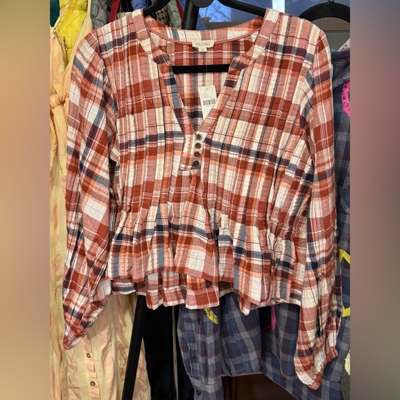 NWT Anthropologie Pilcro Long-Sleeve Pleated Swing Blouse - red motif - M, XL - Picture 5 of 8